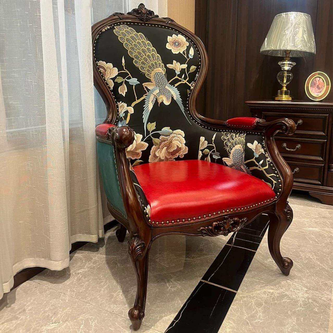 美式单人沙发椅实木复古老虎椅高端法式客厅休闲椅卧室阳台阅读椅