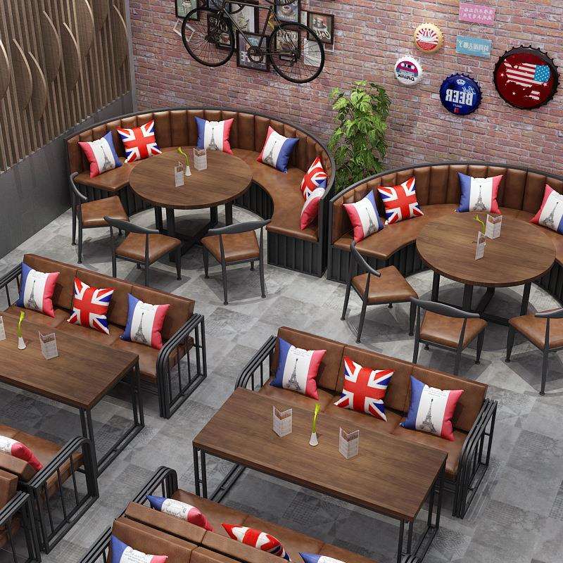 美式半圆卡座沙发靠墙火锅主题餐厅咖啡馆奶茶店弧形桌椅组合商用