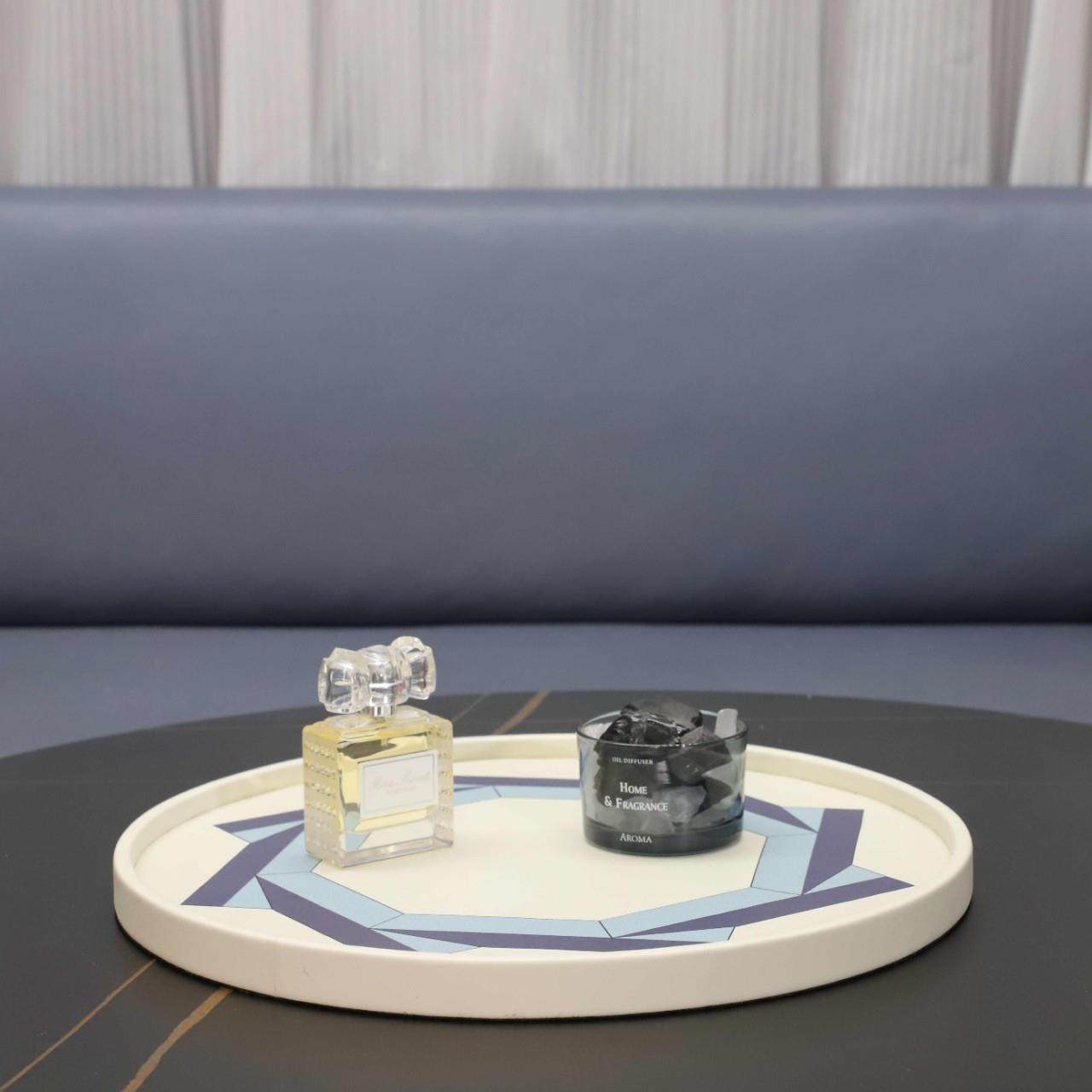 欧式创意圆形木质皮革托盘摆件茶几玄关客厅卧室样板房家居装饰品