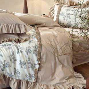 法式 全棉四件套复古风花卉印花纯棉荷叶花边被套床单1.8m床上用品