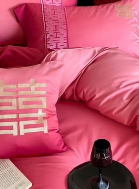 微醺渐变喜字结婚件套100婚SVEY长绒纯棉全四棉棉红色被套婚庆嫁