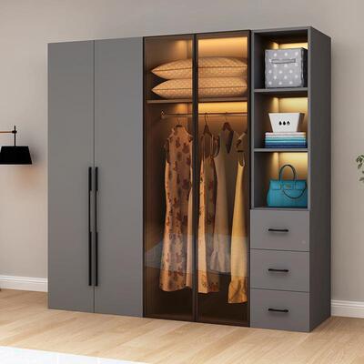 LYM轻实木衣柜家624用卧室奢代简约衣帽间璃拉门组现合柜子现做玻