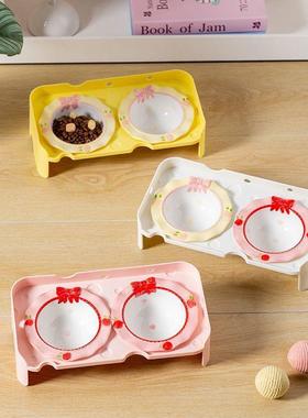 蝴蝶结陶瓷宠物碗猫双盆食盆碗斜口架颈80H98545防黑下巴猫碗护狗