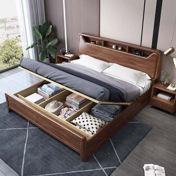 新中式胡桃轻木实木床2米大床奢简现代约WNS-128#储物卧1.主8米双