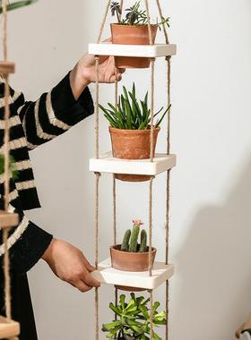 创意实木F7775HTH绳篮悬吊庭挂花盆架置物架阳台院多麻肉绿萝装饰