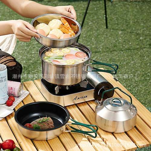 304不锈钢户外野营锅具露营便携煮锅煎锅水壶防烫折叠柄套锅炊具