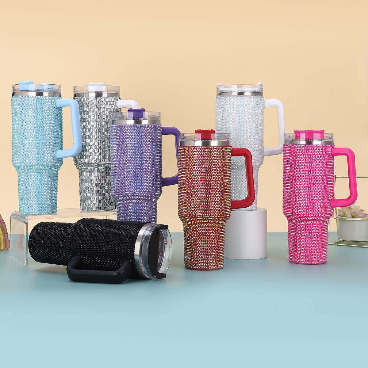 40oz带手柄镶钻炫彩汽车杯304不锈钢保冷冰霸杯大容量吸管保温杯