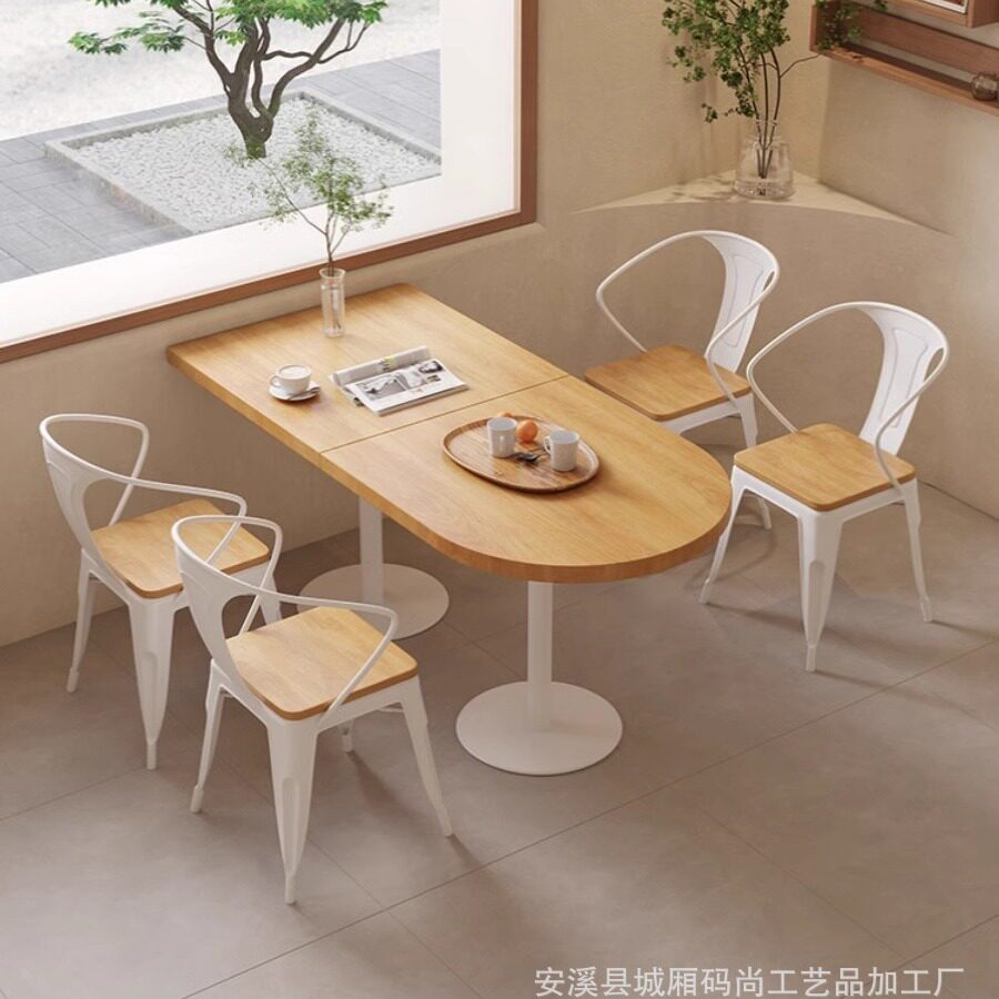 靠窗实木半圆桌网红烧烤奶茶店餐厅铁艺阳台小方桌商用原木餐桌椅