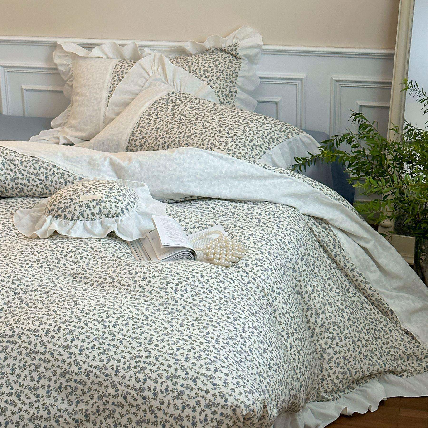 法式复古小碎花全棉双层纱四件套绉布荷叶花边南法风韩版蕾丝被套