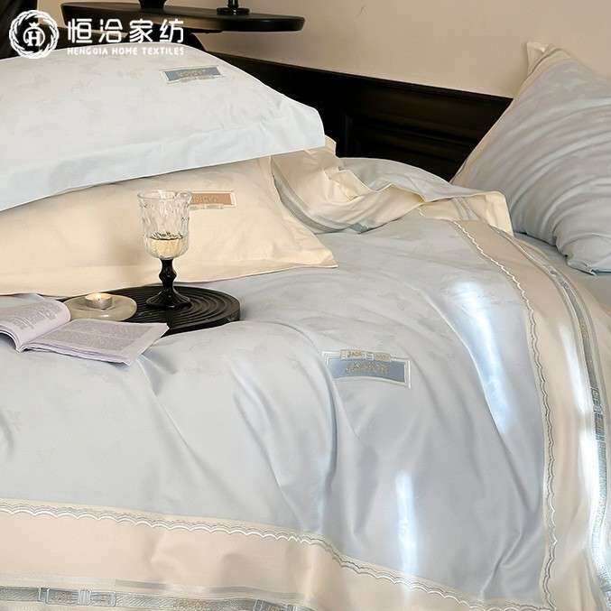 轻奢风高支全棉四件套精致蝴蝶提花纯棉拼角被套床单床上用品粉色