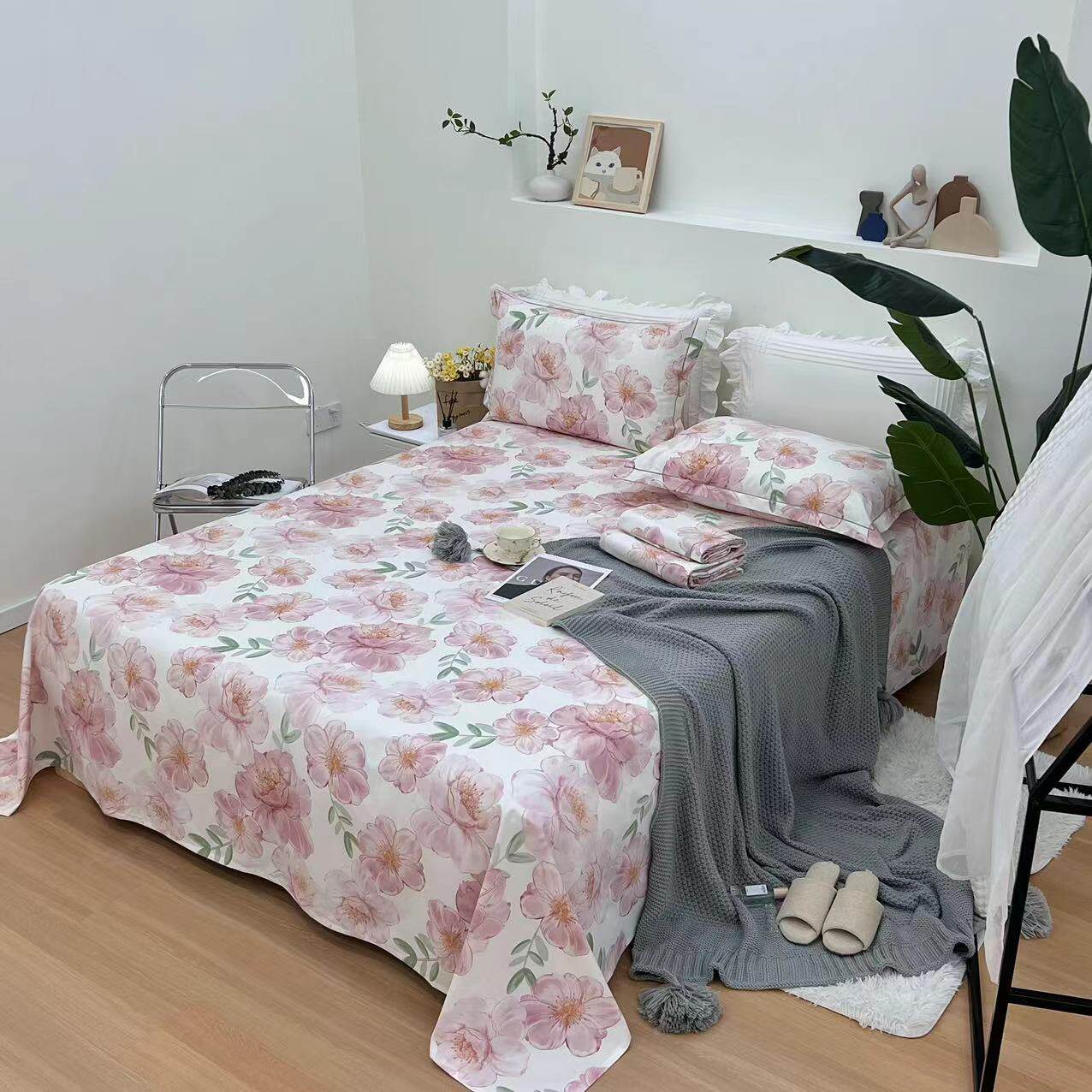 纯棉老粗布床单 粉色印花简约老粗布纯棉被罩床单三件套
