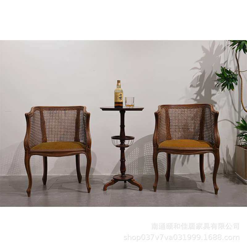 美式乡村实木藤编家用餐椅复古田园风家用扶手藤艺别墅阳台休闲椅