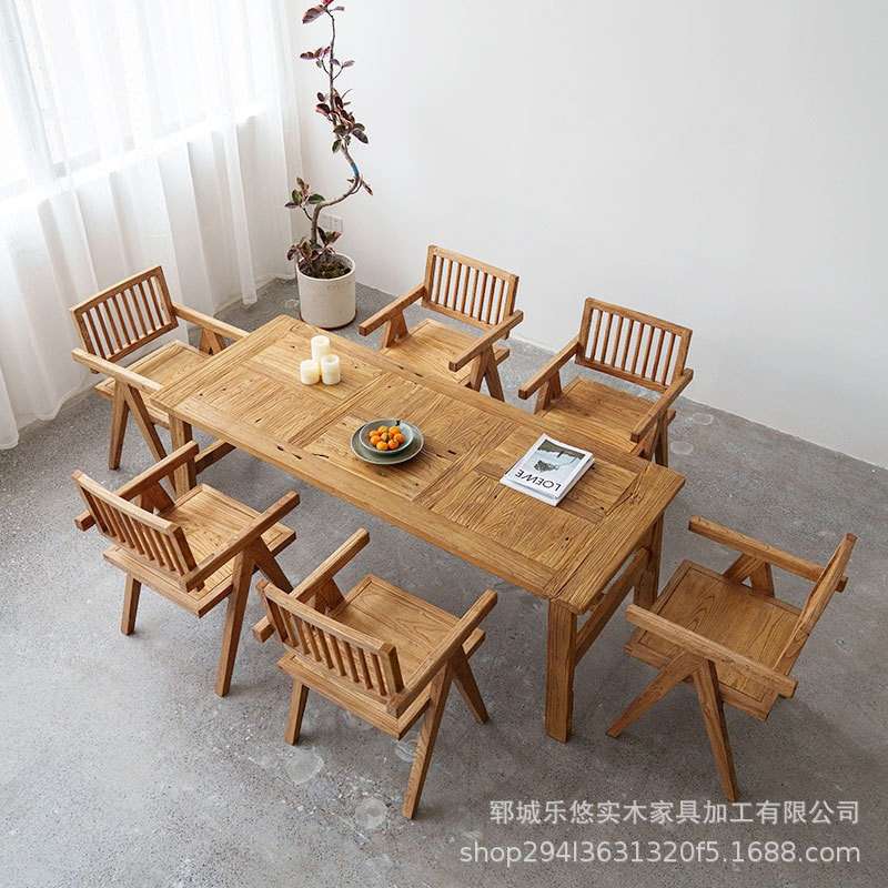 中式老榆木餐桌椅组合风化拼接实木桌酒店民宿复古咖啡桌子大板桌