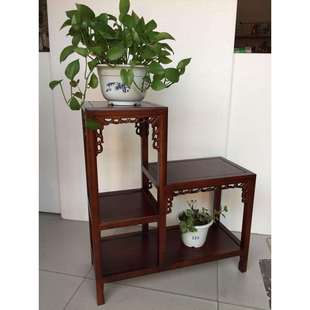 老榆木实木花架盆景架高低柜二连体带板鱼缸架博古架多层仿石