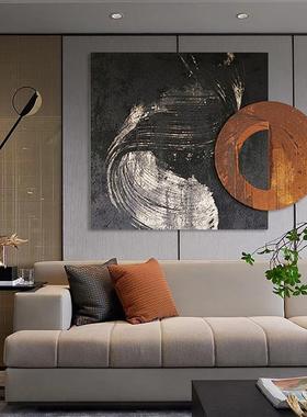 手绘装饰画抽象创意个性圆方双拼画中画橙色装置艺术玄关客厅挂画