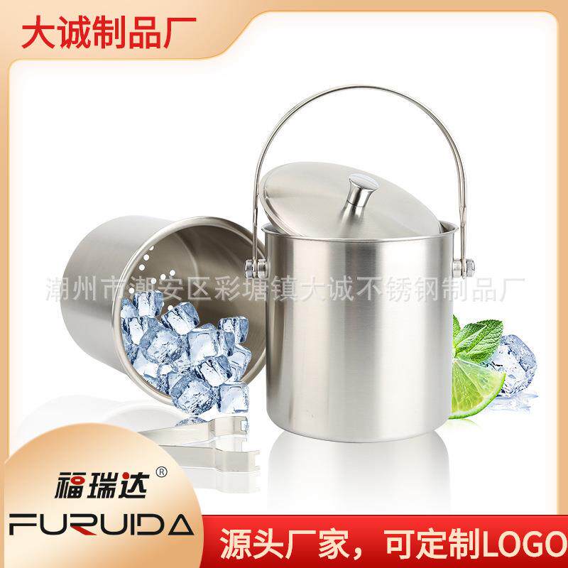 不锈钢韩式手提分层冰桶带盖双环冰粒桶酒店酒吧砂光单层提桶