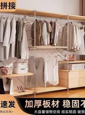 黄木日式开放式纹衣柜卧室家落地用衣帽架衣服置物架JGD帽间挂衣