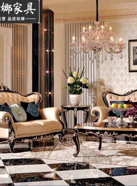 新典可以三21695位黑沙发别墅檀钢琴漆实木手工雕花接古触皮面艺