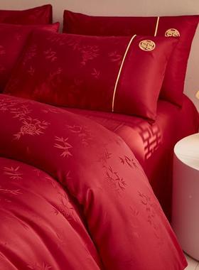 新中结式竹子提花婚庆四件套红色被套婚喜床单被BD55136婚床上用