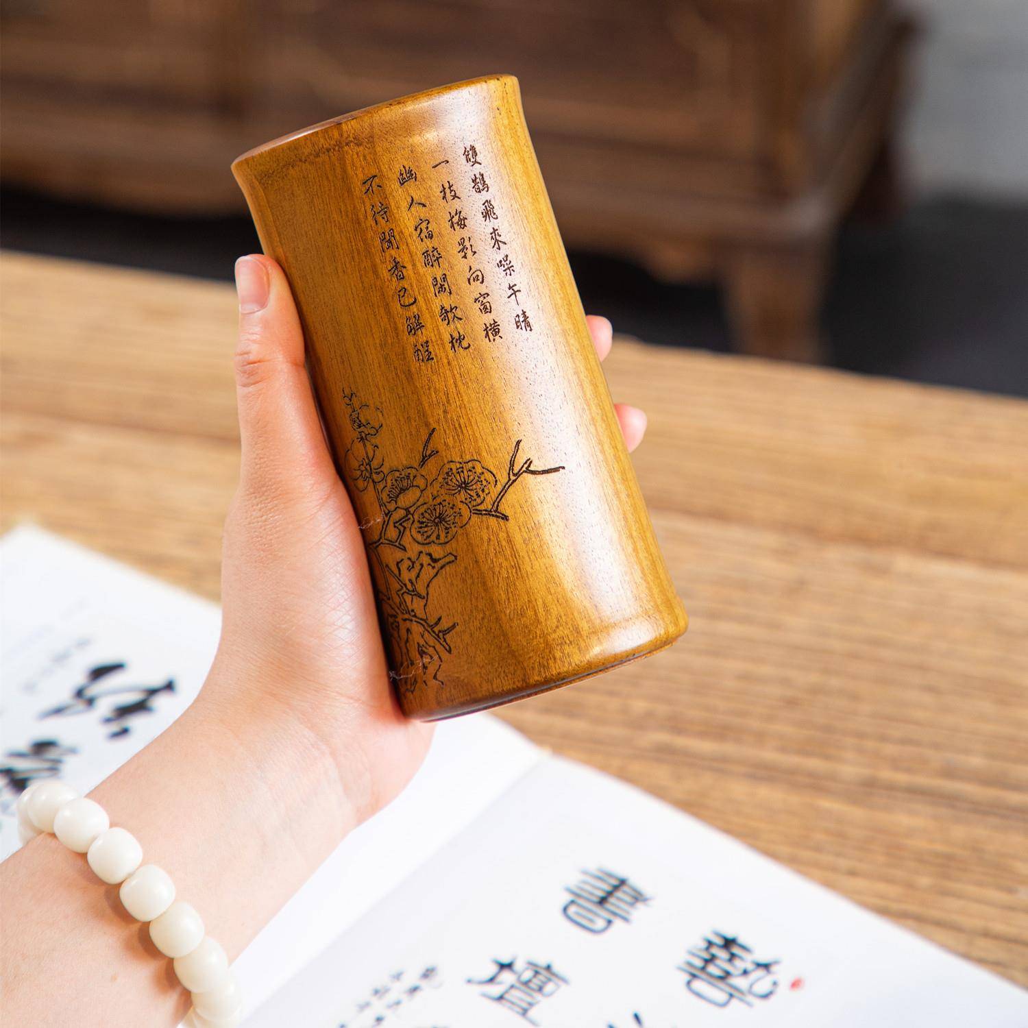 创意中国风文房四宝尚个性笔筒复古工时艺品摆天WSX102件花然楠木