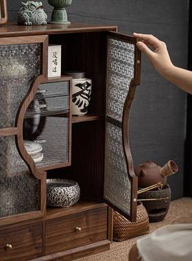 胡木桃满庭芳收纳柜实木玻璃AQ140408茶柜示饼柜茶具白茶展普洱收