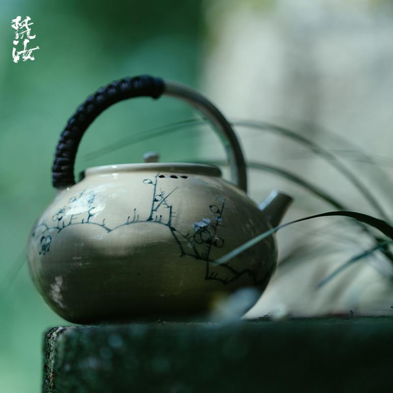 梵汝纯手绘釉下彩傲雪寒梅围炉煮茶藤编提梁壶可明火干烧带过滤
