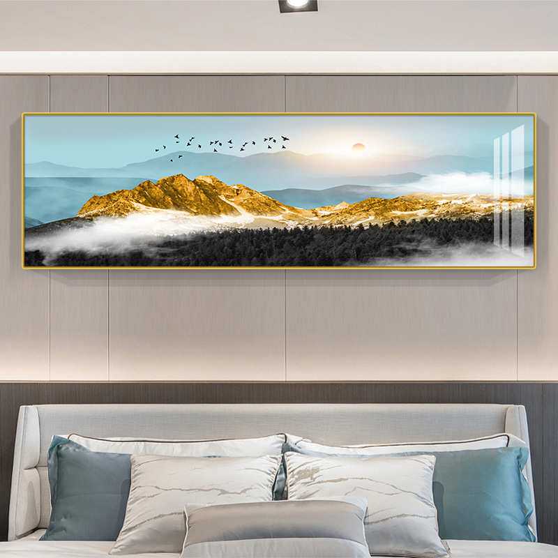 现代简约背靠金山山水风景床头画轻奢温馨主卧室房间客厅装饰