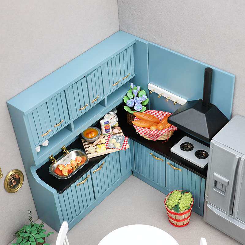 1:12dollhouse娃娃屋厨房场景模型雾霾蓝欧式厨房两件套