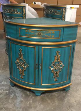 至高美金蓝色雕花墙角柜三角柜90度直角复古做旧客厅储物收纳边柜