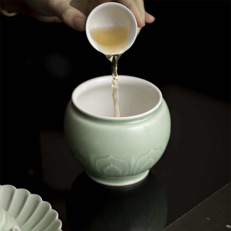 墨己 豆青汝釉仰莲瓣圆满建水茶道配件干泡废水缸收纳缸陶瓷水盂