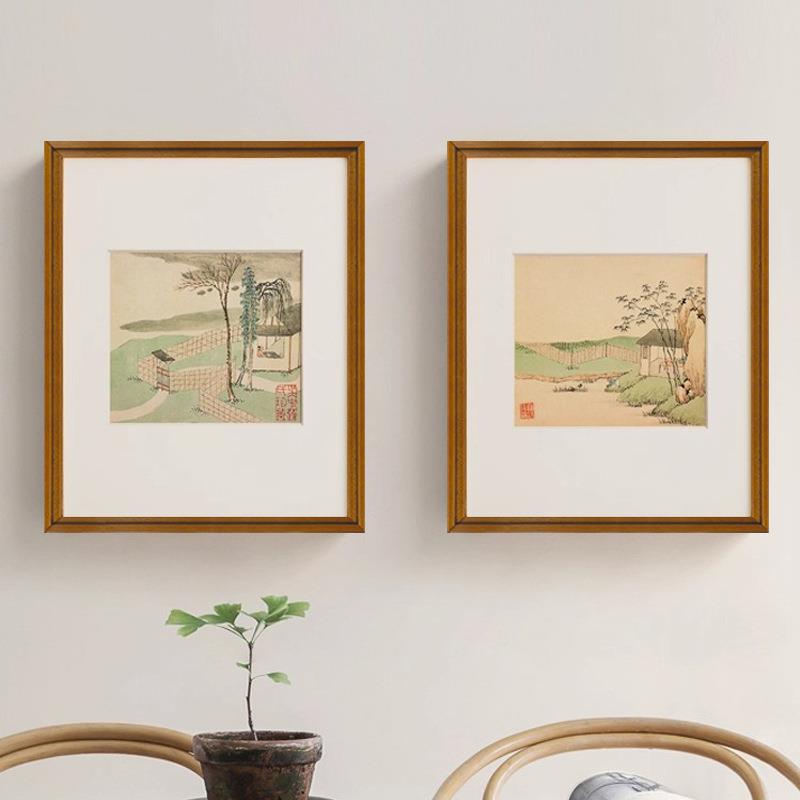 原木风山水画古风日式三联实木框玄关柜书房禅意茶室新中式装饰画