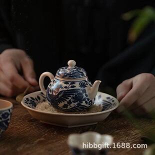 霖松堂手绘青花茶具凤穿花卉系列陶瓷茶具养花口茶杯思梨泡茶壶