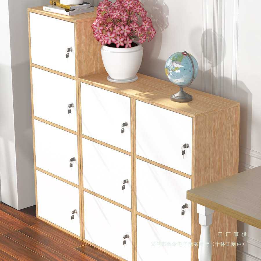 简易带锁书柜书架落地现代简约收纳柜实木色带门组合格子柜储物柜