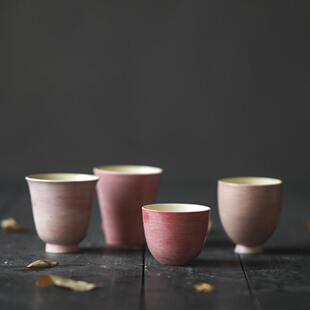 景德镇盖碗薄胎不烫手复古粗陶粉色糊糊手绘陶瓷杯子公道牧渔茶具