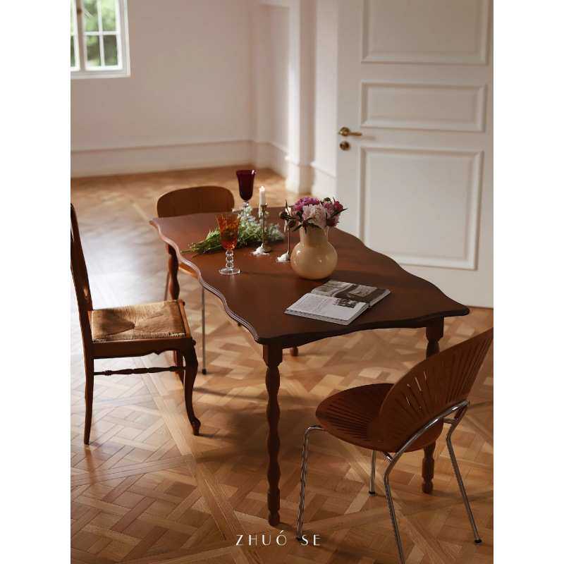 法式复古花瓣实木餐桌长方形原木办公桌桌子客厅小户型家用饭桌