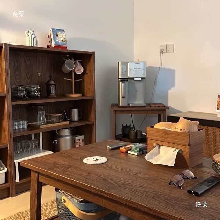 复古胡桃色书架活动层板架落地收纳柜餐边柜多层格子柜复刻毕利