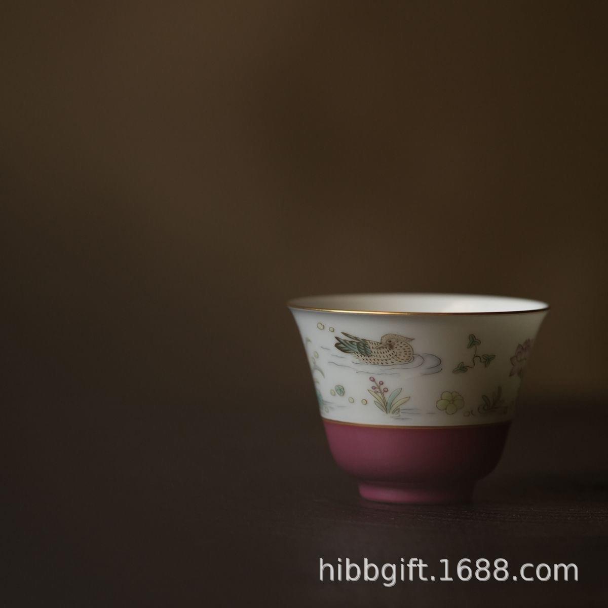 赋山堂茶杯胭脂红鸳鸯莲池杯主人杯品茶杯个人杯单杯