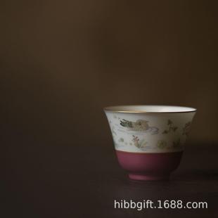赋山堂茶杯胭脂红鸳鸯莲池杯主人杯品茶杯个人杯单杯