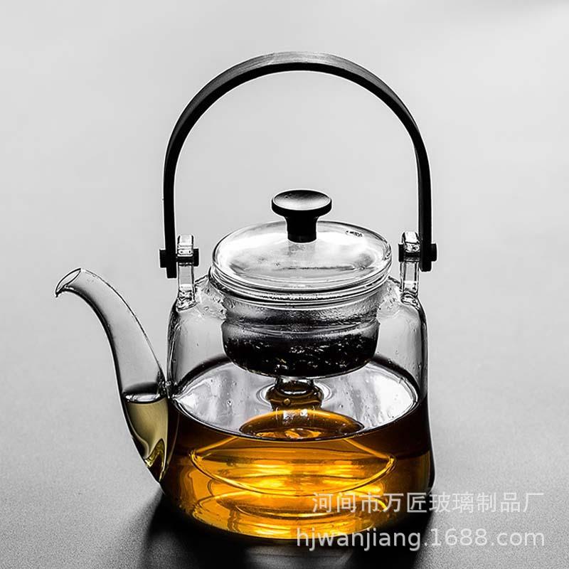 日式耐热全玻璃蒸茶壶电陶炉加热煮黑茶竹木把提梁煮茶壶大容量