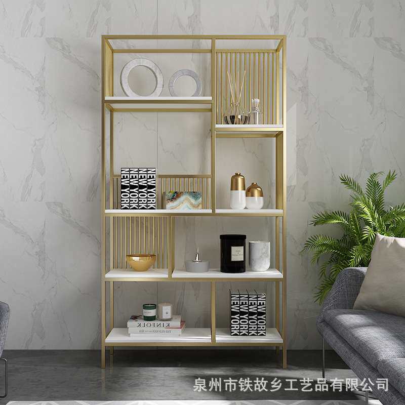北欧风简约隔板置物架 创意客厅落地装饰展示架 卧室铁艺金色书架
