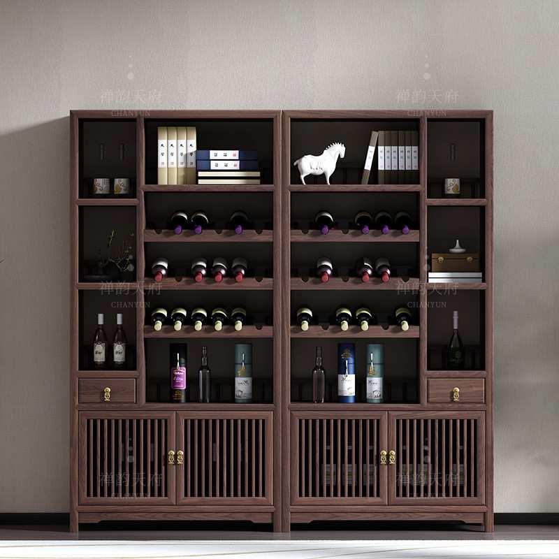 新中式家具实木酒架红酒柜榆木博古酒庄酒窖带灯展示架隔断柜