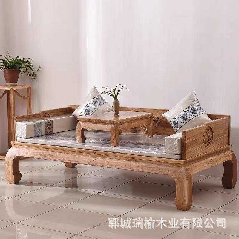 中式老榆木罗汉床客厅沙发床小户型仿古禅意雕花卧榻罗汉榻卧榻床