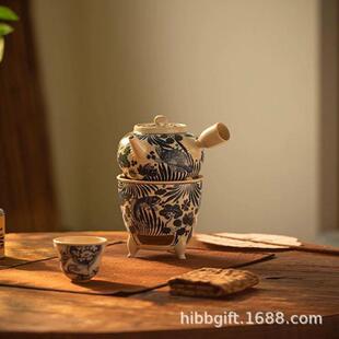 霖松堂陶瓷草木灰手绘青花鱼藻秋意炉组碳炉圆融煮茶壶