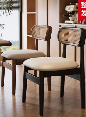 J^中古餐椅家用藤编椅子法式复古靠背椅实木藤椅黑色轻奢餐桌
