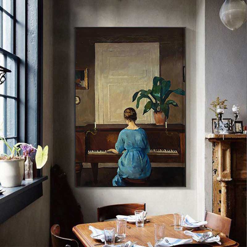 钢琴房装饰画小众美女人物书房卧室挂画欧式复古壁画艺术玄关油画