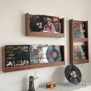 黑胡桃木杂志架实木壁挂书报架墙上创意置物架客厅墙面黑胶收纳架