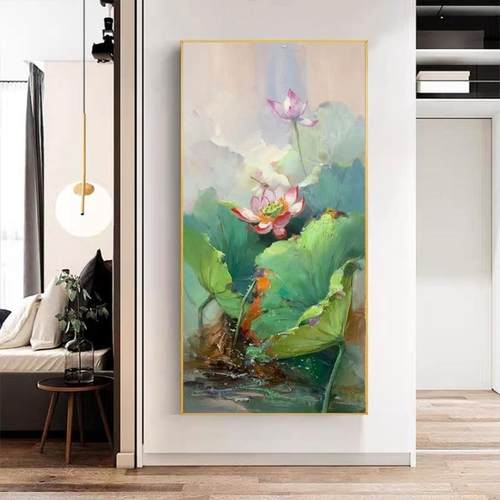 新中式入户客厅玄关走廊纯手绘荷花油画莲花壁画手工绘制花卉挂画
