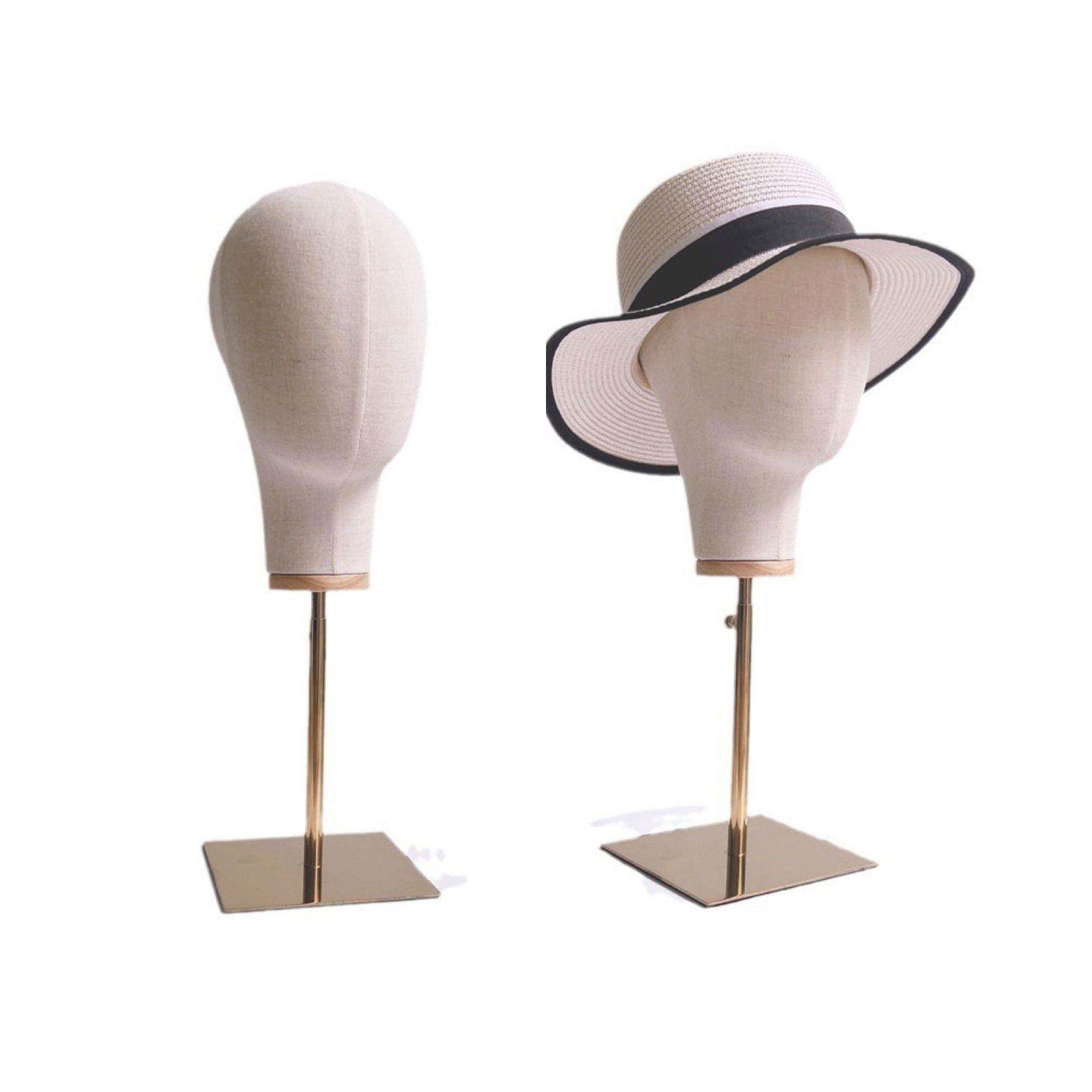 新手工包布头模米白色包布模特头配金色底座可升降可拆装帽架