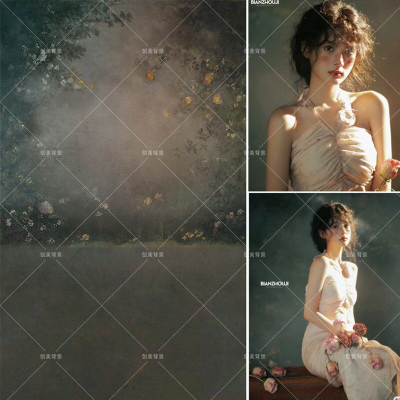 影楼绿色梦幻油画婚纱写真背景影棚梦幻花朵少女拍照摄影背景纸