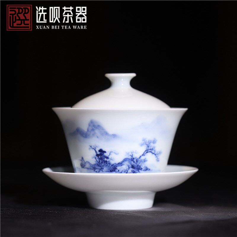 自慢堂拾金青花三才盖碗手工婴戏泡茶碗手绘山水盖杯陶瓷复古茶具